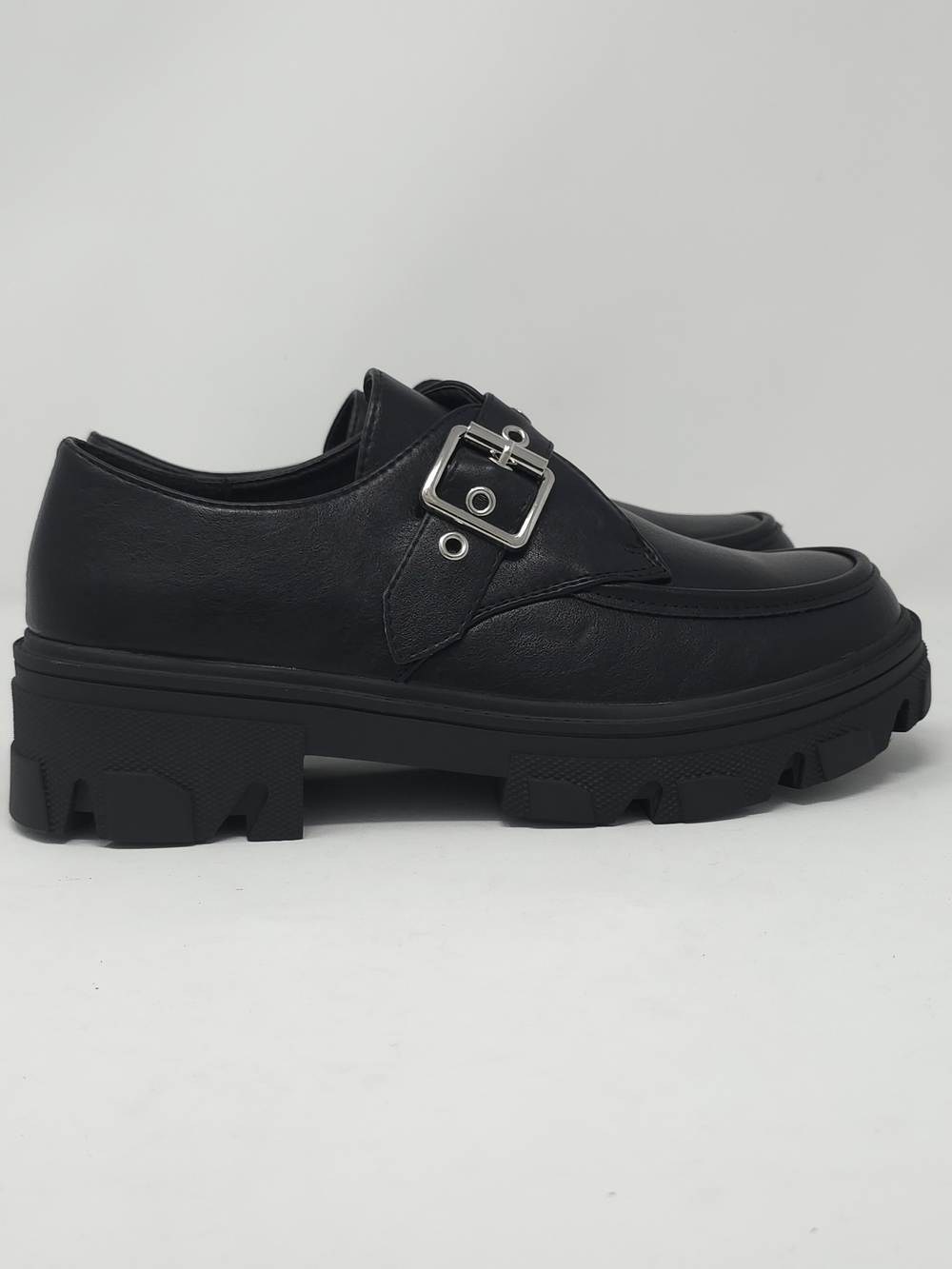 CHARCOAL PU Chunky Platform Loafers Buckle Strap Lug Sole Slip On Casual Trendy - Picture 3 of 10